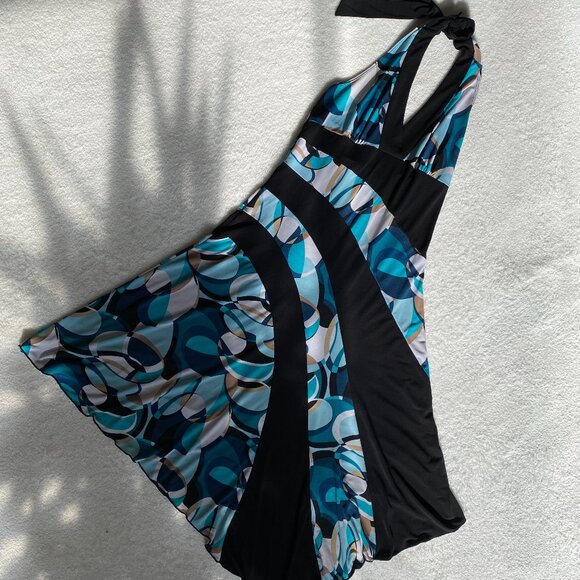 Women's Colorblock Geometric Turquoise, Black, and Tan Halter Top Dress M - Picture 5 of 15